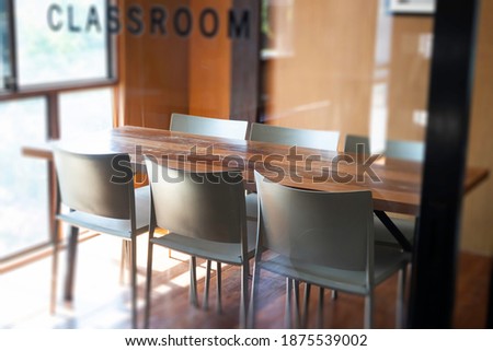Interior working space wooden furniture, stock photo