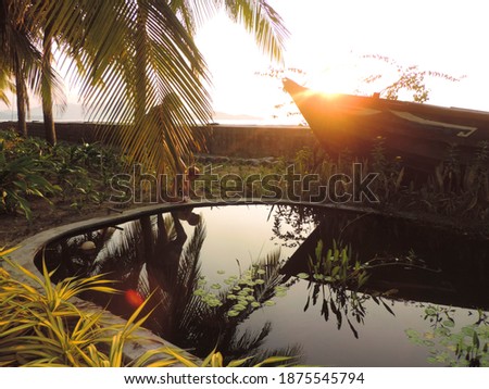   sunset scattering rays of sun illuminate  pond in  tropical garden, tropical plants and trees are reflected on  surface of water,  mom  and child are walking in  distance        