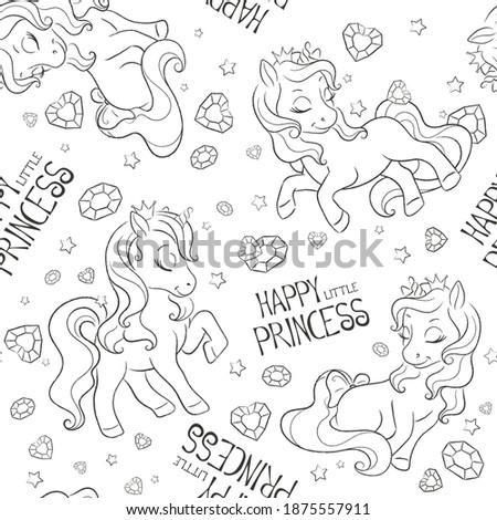 Coloring pages. Black and white seamless unicorns pattern.  Fashion illustration print in modern style for clothes and fabrics.