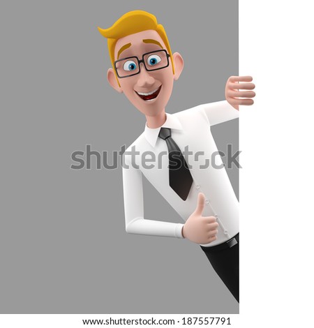 3d funny character, cartoon sympathetic looking business man, dear person in suit with glasses and tie, thumbs up