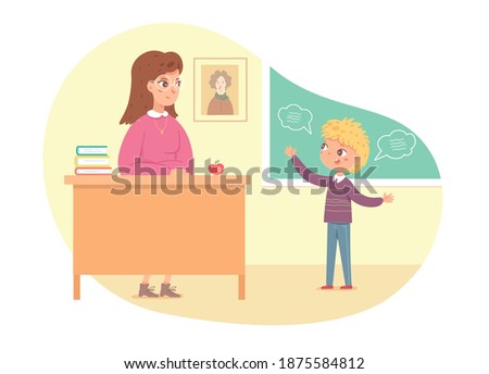 Woman teaching literature lesson in class, boy answering. Teacher in education vector illustration. Young woman sitting at desk, student talking at blackboard with speech bubbles.