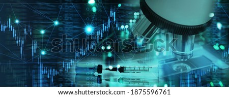 corona virus vaccine syringe and microscope with graph of stock market in medical health science business blue banner background
