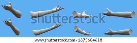 8 grey stone statue hand realistic renders isolated on blue, lights and shadows distribution example for artists or painters - 3d illustration of objects