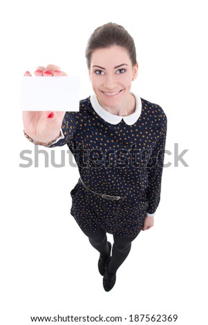 funny beautiful business woman showing visiting card isolated on white background