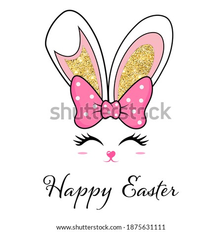 Easter mask with rabbit ears. Bunny face. Greeting card with Happy Easter writing. Ears with glitter element and tiny muzzle with whiskers. Isolated on white background.
