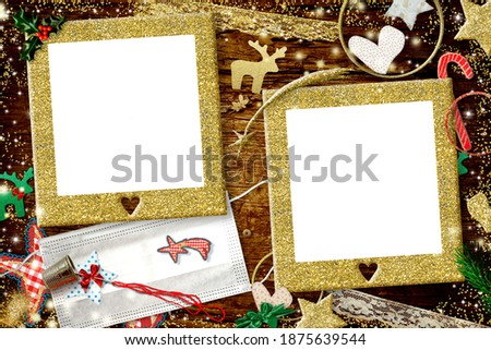 Christmas coronavirus two photo frames card. Christmas with two gold glitter empty photo frames, Christmas ornaments and two masks to customize by hand, diy concept.