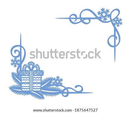 Blue Christmas frame corners isolated on white background. Place for text in the center (copy space). Lines, serpentine curls, snowflakes, fir branches, gift box. Winter New Year theme. Vector image.