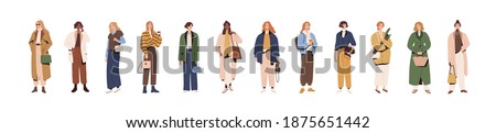 Set of stylish modern women in fashion clothes. Spring and autumn vogue. Collection of people in fashionable urban outfits isolated on white background. Colorful flat vector illustration Royalty-Free Stock Photo #1875651442