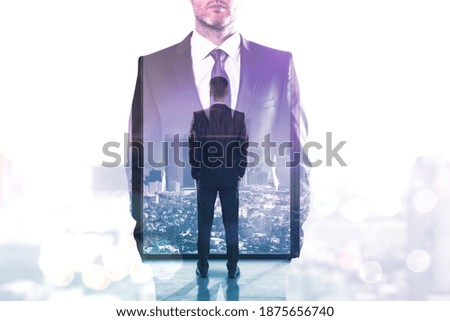 Double exposure of two businessman standing in office. Teamwork and communication concept.