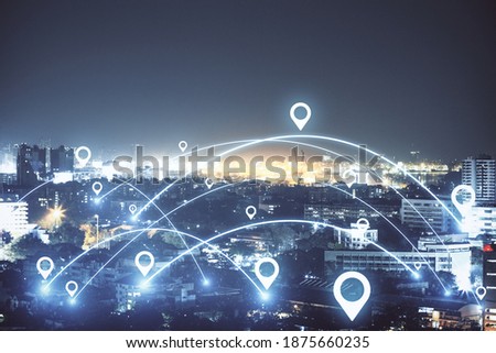 Digital geolocation interface over night city. Geolocation and distributed data concept. Royalty-Free Stock Photo #1875660235