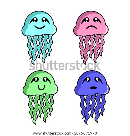 simple vector graphic design of jellyfish with different colors and expressions