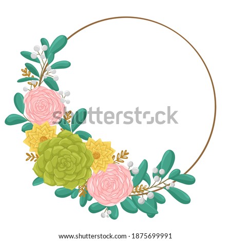 Floral wreath with flowers, green leaves and berries. Modern design for Holidays invitation card, poster, banner, greeting card, postcard, packaging, print. Vector illustration.