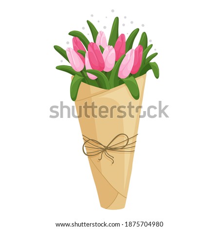 Bouquet of pink tulips in wrapping paper. Modern design for Holidays invitation card, poster, banner, greeting card, postcard, packaging, print. Vector illustration.