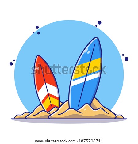 Surfboard standing on sand, surfing summer water sport, board for wave riders and athletes. Summer icon concept illustration. Flat cartoon vector illustration isolated.
