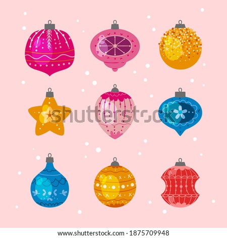 Christmas balls collection. Colorful winter decorations for New Year and Christmas trees. Set of glass balls. Christmas decor. Decorations to create a festive atmosphere. Vector.