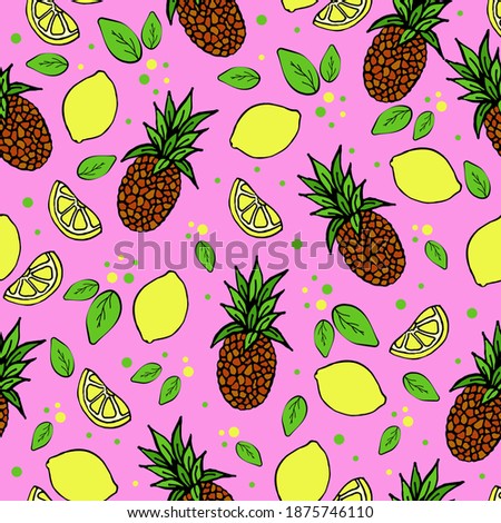 
Seamless pattern with lemons and pineapples, tropical exotic fruits, floral pattern, green leaves and dots, vector illustration in doodle style.