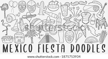 Mexico Fiesta, doodle icon set. Mexican Style Vector illustration collection. Cinco de Mayo Banner Hand drawn Line art style.