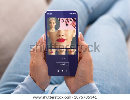 Augmented Reality Beauty App. Woman Trying Different Lipstick Color Online On Smartphone, Using Modern Application With AR Makeup Simulation, Creative Collage Royalty-Free Stock Photo #1875785341