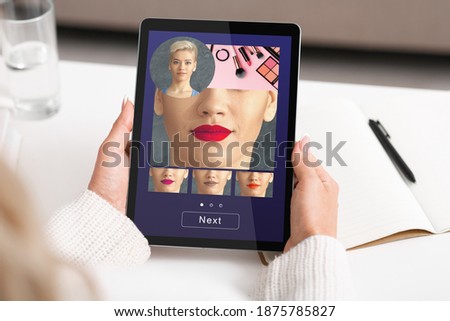 Woman Using Lipstick Color Makeup Simulation App On Digital Tablet, Browsing Beauty Application With Augmented Reality Option Online, Creative Collage