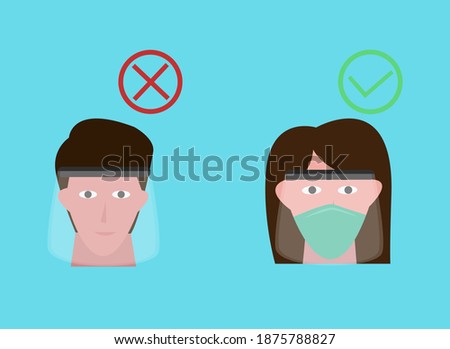 Man and woman showing the wrong and right to wear face mask and face shield to prevent virus