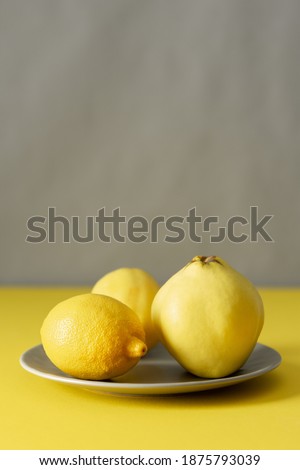 Lemons and quince on a gray plate on a yellow table against a gray wall background, trend colors of the year