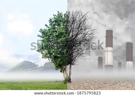 Tree on the background of nature and industrial plant. Human influence on nature. Air pollution and purification. Mountains. Environmental concept. The antithesis. Royalty-Free Stock Photo #1875795823
