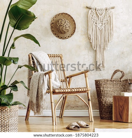 Stylish and floral composition of living room interior with rattan armchair, a lot of tropical plants in design pots, decoration, macrame and elegant personal accessories in cozy home decor.