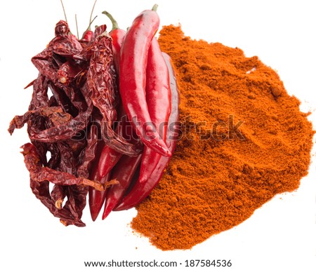 Chili in three different type of fresh, powdered and dried form.