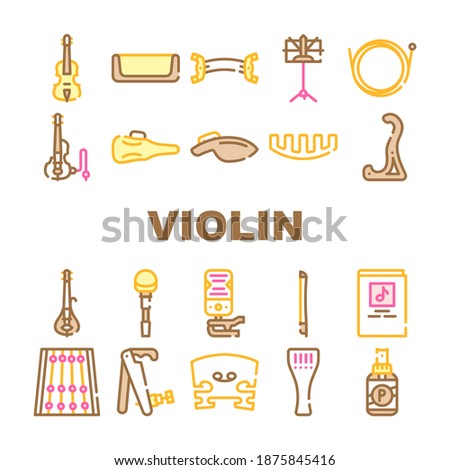 Violin String Musical Instrument Icons Set Vector. Electric Violin And Bow, Music Stand And Notes, Rack And Case, Rosin And Snare Concept Linear Pictograms Collection. Contour Illustrations