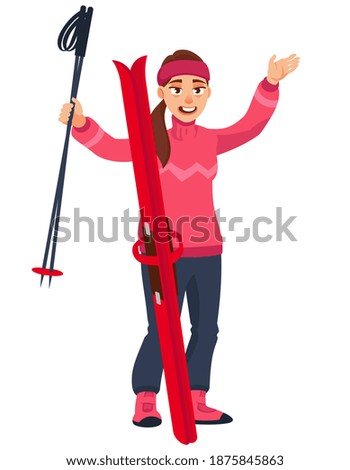 Joyful woman with skis. Female character in cartoon style.
