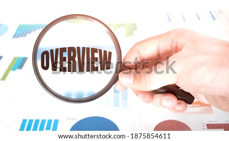 Magnifying glass with words OVERVIEW over wooden background. Business concept.