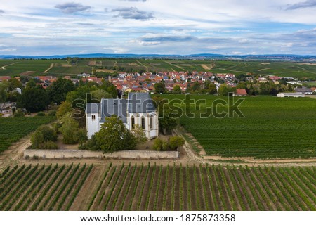 Bird's eye view of the mountain church of Udenheim - Germany in the middle of vineyards