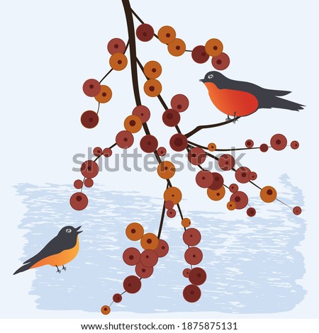 Tit, bullfinch sit on a branch of mountain ash - abstract background - art, vector.Winter landscape.