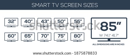 Smart TV sizes screen, Led television display. Diagonal screen size in 32, 40, 43, 50, 55, 60, 65, 70, 75, 80, 85 inches, vector icon set.