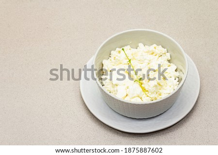Dairy products, cottage cheese. Prevention of calcium deficiency in body. Ceramic bowl, stone concrete background, copy space