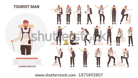 Man tourist traveler adventure poses vector illustration set. Cartoon bearded young male hiker character with backpack posing in tourism activity, traveling, hiking and climbing isolated on white Royalty-Free Stock Photo #1875892807