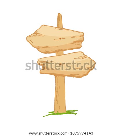 Old wooden sign on a grass with mushrooms. illustration.
