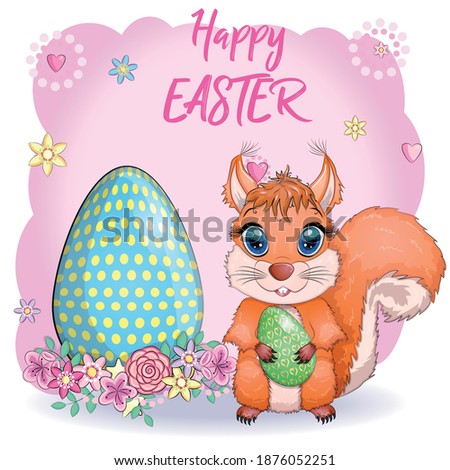 Cute cartoon squirrel with beautiful eyes holds an Easter egg, card for Easter.