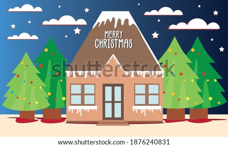 Merry christmas banner. Christmas trees and snow covered house - Vector illustration