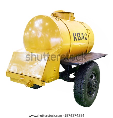 Barrel trailer for kvass drink isolated white. Text translation: квас - kvass