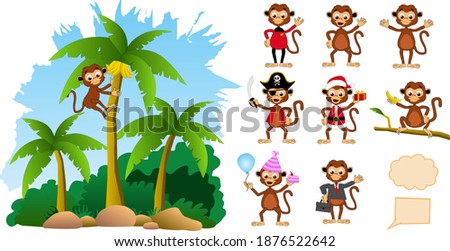 Versatile monkey character with props for use on greeting cards, posters, flyers, etc