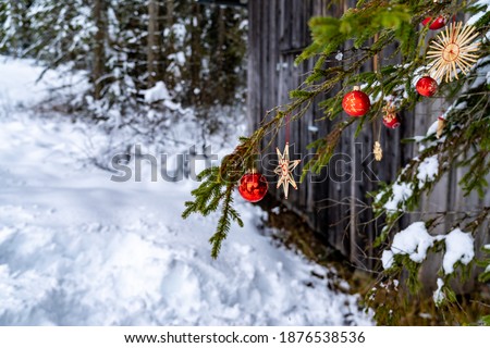 Straw star, red balls and other Christmas tree decorations on a Christmas tree in the freshly snow-covered forest. the red Christmas tree ball and the green fir branches add color to the picture.