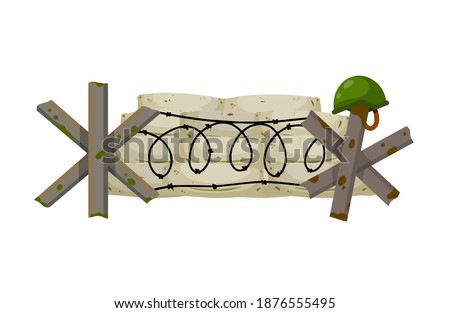 Military barricade of sandbags. Fortified firing point. Defense construction. Modern warfare. The wall of the bag. Outpost and barrier. Protective anti-tank obstacle.