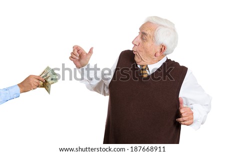 Closeup portrait, super excited, senior, mature man excited to have lots of money, dollar bills handed to him, isolated white background. Positive human emotion facial expression feelings.