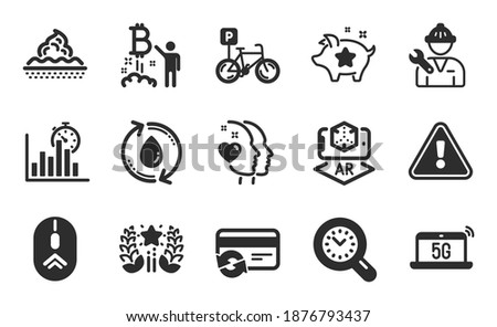 5g notebook, Ranking and Report timer icons simple set. Bicycle parking, Skin care and Heart signs. Refill water, Time management and Change card symbols. Flat icons set. Vector