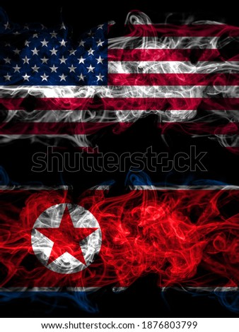 United States of America, America, US, USA, American vs North Korea, Korean smoky mystic flags placed side by side. Thick colored silky abstract smoke flags