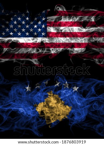 United States of America, America, US, USA, American vs Kosovo, Kosovar smoky mystic flags placed side by side. Thick colored silky abstract smoke flags