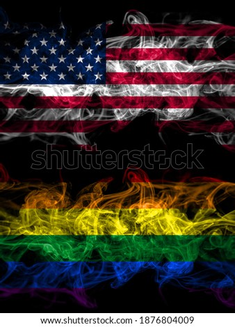 United States of America, America, US, USA, American vs Gay, Pride smoky mystic flags placed side by side. Thick colored silky abstract smoke flags