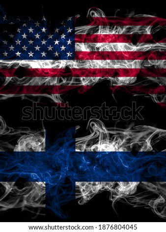 United States of America, America, US, USA, American vs Finland, Finnish smoky mystic flags placed side by side. Thick colored silky abstract smoke flags