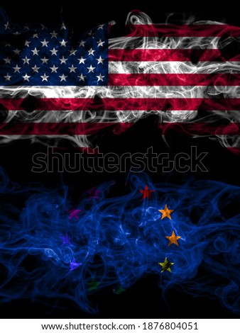 United States of America, America, US, USA, American vs Europe, European, Gay smoky mystic flags placed side by side. Thick colored silky abstract smoke flags